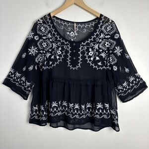 Free People Embroidered Top Crop Pennies‎ Sequel Navy Blue Large Boho Festival